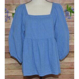 Mud Pie Sydney Blue Classic Cotton Gauze Square Neck Babydoll Blouse Top Size M